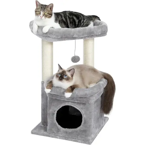 PAWZ Road Kleine Katzenstange, Mehrstock-Katzenturm mit sisalummanteltem Kratzpfahl, bequemem Katzenhaus und großem Sitzplatz für Hauskatzen, Grau