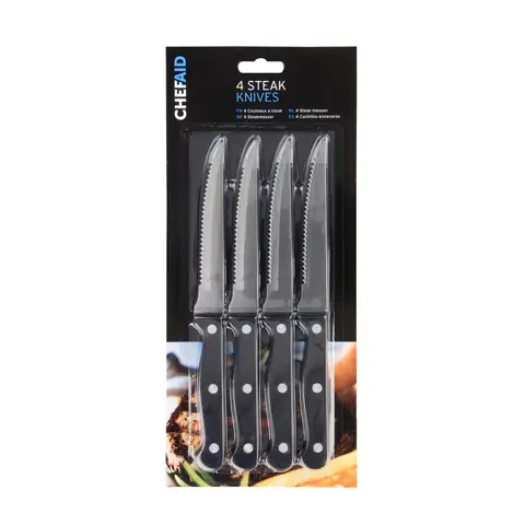 Chef Aid Stainless Steel Serrated Steak Knife Set, Set of 4 Durable Multipurpose Kitchen Knives with Comfort Grip, Ergonomic - Non-Slip, Rust Resistant, Sharp Dinner Table Knife Set, Black