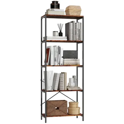 HOMCOM 5-Tier Bookshelf, Industrial Bookcase, Floor Standing Book Shelf with Metal Frame, Wide Storage Rack Rustic Brown and 
