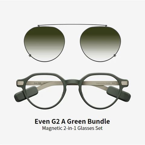 Even Realities - Even G2 A Grün (Panto) + Clip & Pouch Grün Panto Bundle - Alltagsgerechte Display-Smart-Glasses mit Clip-Sonnenblende, Kamerafrei, Datenschutz-First, 2-Tage-Akku, Leistungsstarke Funktionen zur Erweiterung Ihrer Sicht und zum Ermöglichen Ihres Tages (Conversate | Übersetzen | Teleprompt | Even AI | Gesundheit | Navigation | Dashboard | Benachrichtigung | QuickList)