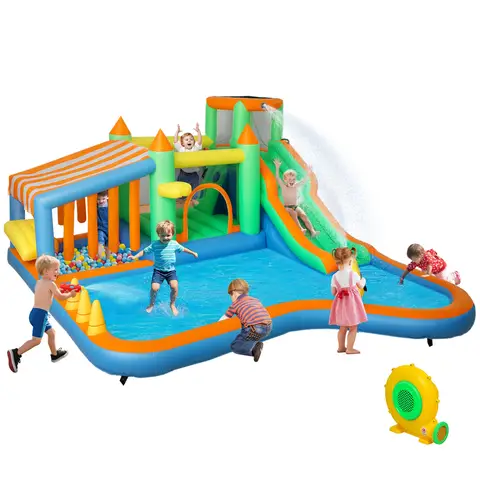 AIYAPLAY Bouncy Castle, Inflatable Bounce House Trampoline with 680W Blower, Water Slide, Splash Pool, Basketball Hoop, Ball Pits, Climbing Wall, Water Gun, Ring Toss, for Kids Outdoor Indoor