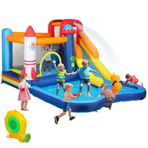AIYAPLAY Bouncy Castle for Children with Water Slide, Splashing Pool, Water Gun, Jumping Area, 5 in 1 Inflatable Bounce House with 550W High Power Blower, for Outdoor Indoor, 360 x 250 x 195 cm
