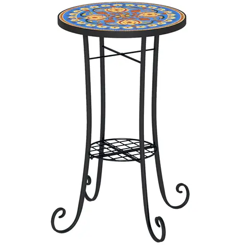 Outsunny Mosaic Garden Table, 35.5 cm Round Outdoor Table with Shelf, Ceramic Tile Top, Small Garden Side Table Bistro Table End Table Plant Stand for Indoor, Patio, Balcony, Blue
