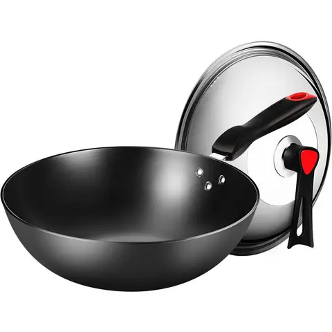 COOKER KING Carbon Steel Wok Pan - with Glass Lid - 30 cm