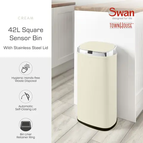 Swan 42L Square Sensor Bin Cream
