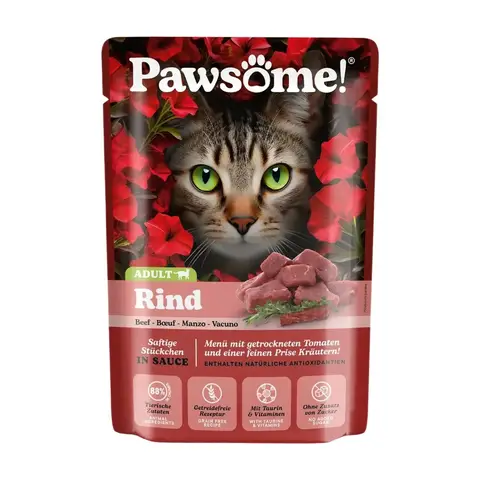PAWSOME Katzen-Nassfutter Adult Rind - 28 x 85g Beutel - Alleinfutter mit 88 % Fleisch, getreidefrei, ohne Zuckerzusatz