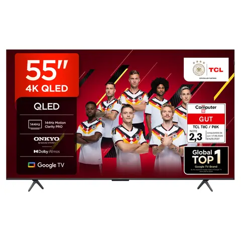 TCL 55T8C 55 Zoll QLED 4K HDR UHD Fernseher, Smart Google Tv Dolby Vision Atmos,144Hz Motion Clarity Pro, Game Bar, ALLM, Freesync, Onkyo 2.1 Sound, Sprachsteuerung, Kompatibel mit Google Assistant