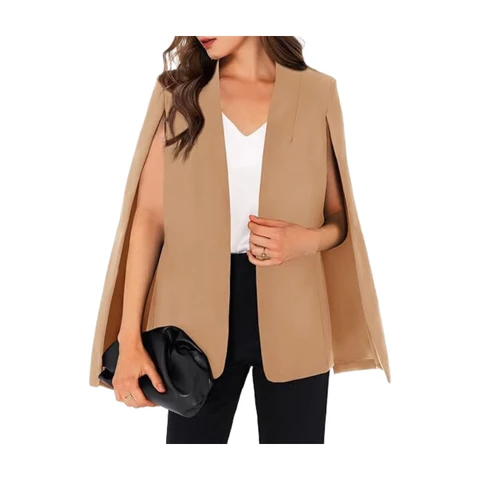 Women's CAPE Blazer Split Sleeve Open Front Lightweight Office Jacket Workwear (khakiColor， M)