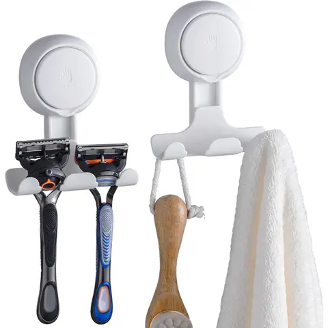 TAILI Suction Cup Razor Holder in Shower 2 Pack, Towel, Loofah, Shaver Holder for Bathroom Wall, Powerful Suction Cup Shower Hooks, Easy to Install and Reuse, White