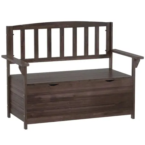 Outsunny Outdoor 2 Seater Garden Bench, Wooden Bench with Storage, Garden Storage Bench with Backrest, Arm Rests for Outdoor 