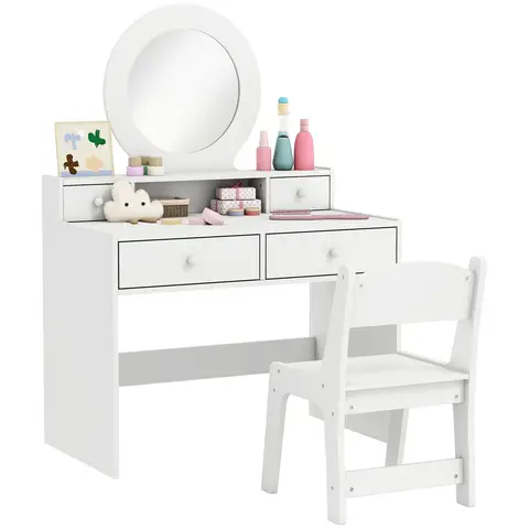 AIYAPLAY Kids Dressing Table with Mirror and Stool, Kids Vanity Table Make up Set with Storage Drawers Gift for Aged 3–8 Year