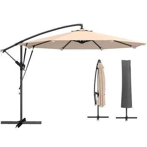 Outsunny 3 m Cantilever Parasol, Offset Outdoor Umbrella with Protective Cover and Wind Ropes, Banana Parasol with Cross Base and Crank Handle, Khaki