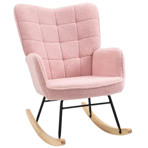 HOMCOM Wingback Rocking Chair for Nursing, Upholstered Berber Fleece Nursery Glider Rocker, Modern Armchair Pink