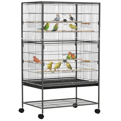 PawHut Large Bird Cage Budgie Cage for Finch Canaries Parakeet with Rolling Stand, Slide-out Tray, Storage Shelf, Food Containers, Dark Grey