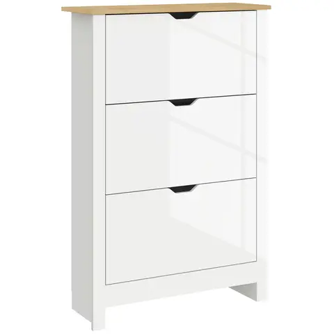 HOMCOM Narrow Shoe Cabinet, Space Saving Shoe Storage Cabinet with 3 Flip Drawers and Adjustable Shelves High Gloss White
