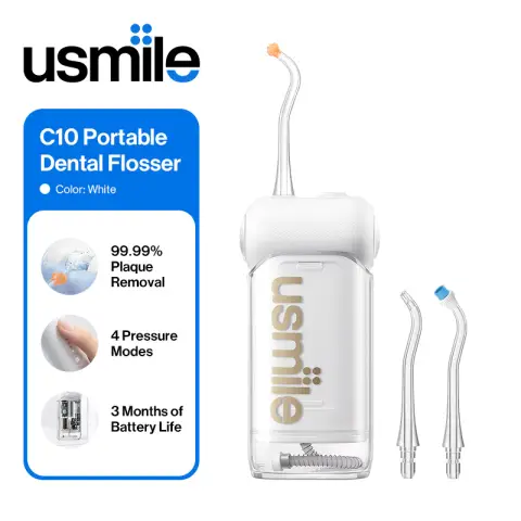 Usmile C10 Hydropulseur Portable, Design Voyage, Autonomie de 95 Jours, 4 Modes, Buse 360°, Réservoir 180 ml, IPX7 Étanche, Recommandé par les Dentistes pour Appareils Orthodontiques, Implants et Dents Sensibles