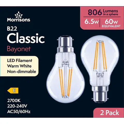 Morrisons Light Bulb LED Globe Filament Bayonet B22 Warm White 6.5W 806 Lumens 2pcs