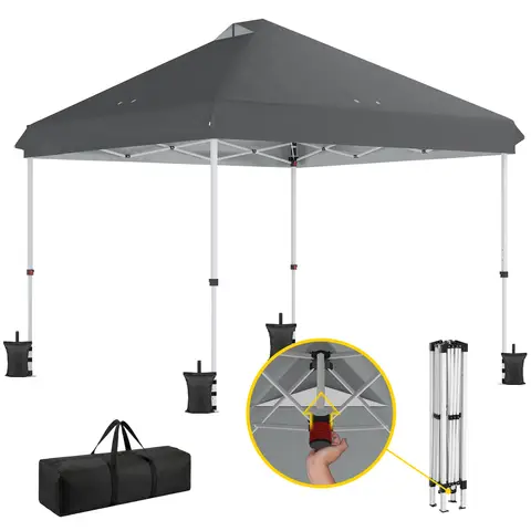 Outsunny 3 x 3 m Pop Up Gazebo with Wheels, UPF50+ One-Touch Outdoor Garden Party Tent Marquee Wedding Awning Canopy Instant Event Shelter with 4 Sandbags, Adjustable Height, Carry Bag, Dark Grey
