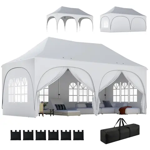 Outsunny 3 x 6m Pop Up Gazebo with Sides, 6 Sandbags, Peak Top Height Adjustable Outdoor Garden Party Tent Marquee Wedding Awning Canopy Instant Event Shelter with Carry Bag, Windows, Light Grey/White