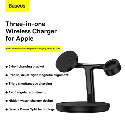 Baseus 3-in-1 Kabellose magnetische Ladehalterung 20W Cluster Schwarz + USB für Typ-C 3A 1 m