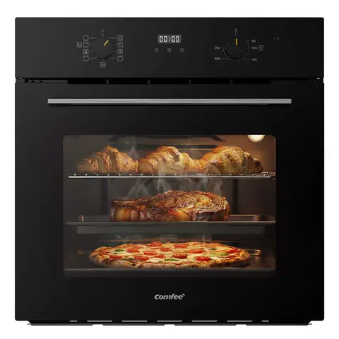 Comfee' Elektrische Inbouwoven, 60 cm, 70 L, 3 kW, Roestvrijstalen Hitte, Grill, Pizzafunctie, AquaClean Stoomreiniging, LED Display met Timer, ECO Modus, Zwart [Energieklasse A] [Energieklasse A]