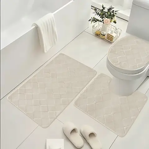 3 pcs Bathroom Rug Set Includes Bath Rug, Contour Mat and Toilet Lid Cover, Machine Washable, Super Soft Microfiber & Non Slip Bath Rugs with Rubber Backing,Beige diamond pattern