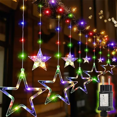 SALCAR Lichtgordijn, 2 m, 160 leds, voor ramen, Kerstmis, waterdicht, met 10 sterren voor buiten en binnen, kerstverlichting voor raam met 8 modi, timer en geheugen, kleurrijk