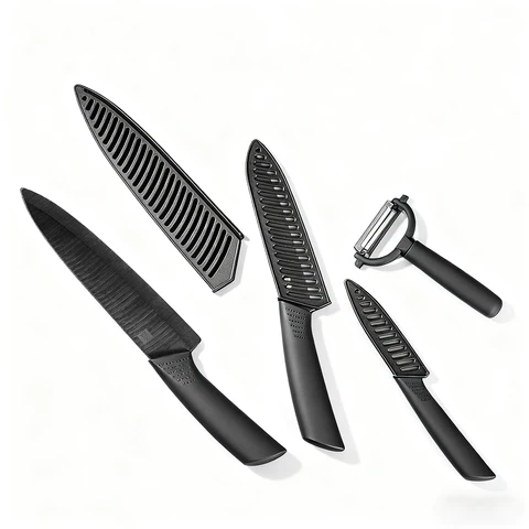 Huohou Ceramic Knife Set – Ultra-Sharp, Lightweight & Rust-Free, Vacuum Carbon Infused Zirconia Blades, Ergonomic TPR Handle, Includes Chef, Utility, Fruit Knives & Peeler