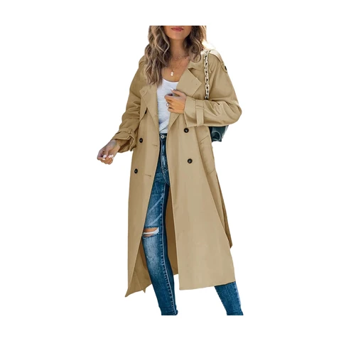 Women's Double Breasted Long Trench Coat Windproof Classic Lapel Slim Overcoat with Belt (camel, M)