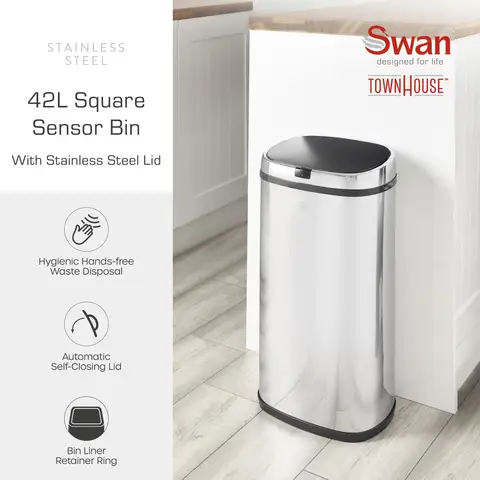 Swan 42L Square Sensor Bin S/Steel