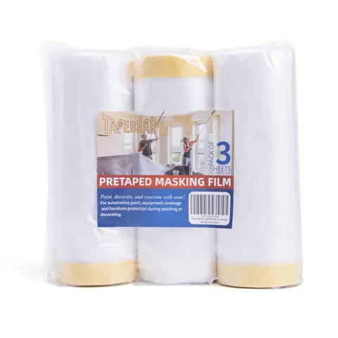 TAPEBEAR Pre-Taped Masking Film, Tape and Drape, Plastic Sheeting Roll, Automotive Painters Masking Tape Film, Plastic
Sheeting Cover for Appliance and furniture, 5feet X 90feet,1400mm x 27m,
3rolls