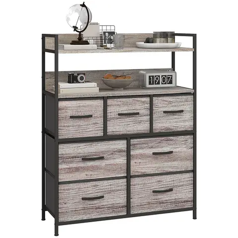 HOMCOM Bedroom Chest of Drawers, Fabric Dresser with 7 Drawers, Storage Organiser Unit with Shelves and Metal Frame Grey