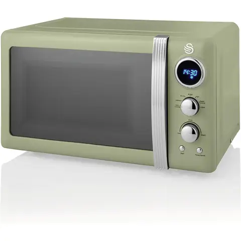 Swan Retro LED Digital Microwave - Green, 20L, 800W, with Glass Turntable, 5 Power Levels & Defrost Setting, SM22030LGN