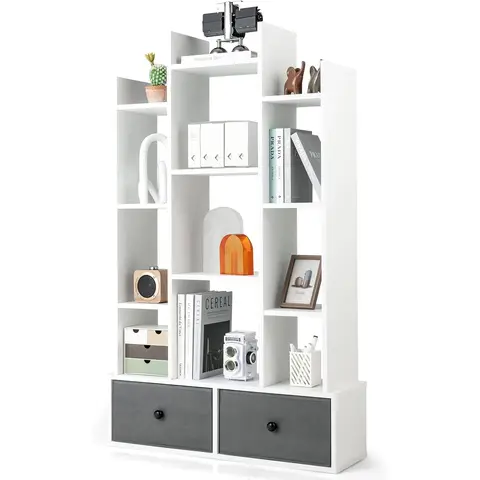 COSTWAY 12-Tier Wooden Bookshelf with Folding Drawer for Study Living Room, White