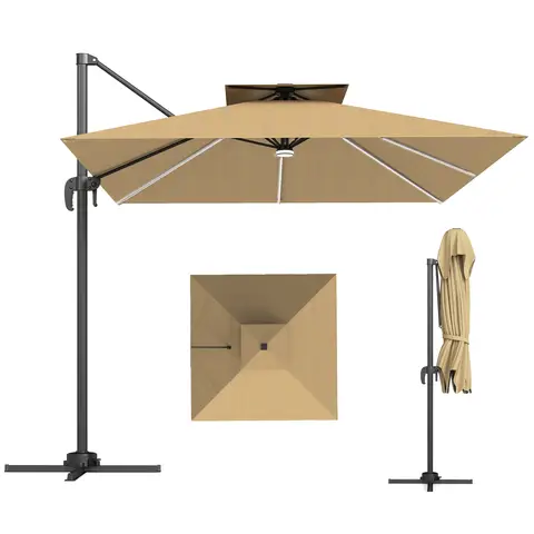 Outsunny 2.5m Cantilever Parasol with Solar Powered LED Lights, Double Top Square Overhanging Garden Parasol with 360° Rotati