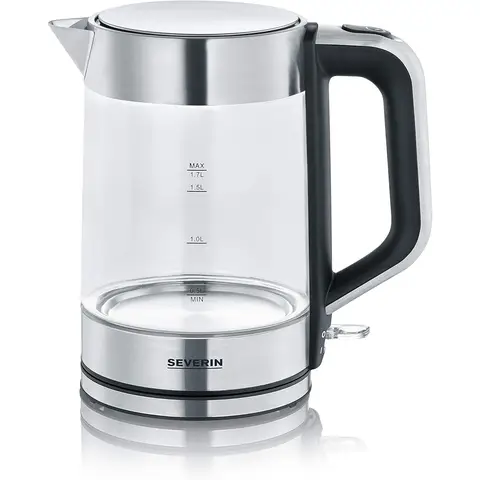 SEVERIN WK 3420 Glass Kettle with XXL Filling Volume 1.7 L, Powerful Compact Electric Kettle with Anti-Limescale Filter, 2200 W, Glass and Stainless Steel