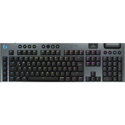 Logitech G G915 X LIGHTSPEED – Schlankes kabelloses Gaming-Tastatur mit Double-Shot PBT-Tastenkappen, RGB-Hintergrundbeleuchtung, roten linearen GL-Schaltern für PC/Mac, deutsches QWERTZ-Layout - Schwarz