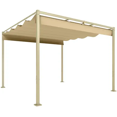Outsunny 3 x 3(m) Garden Pergola with Retractable Roof and Magnetic Fixture, Outdoor Gazebo Pergola Kit Sun Shade Canopy, UPF30+, Khaki