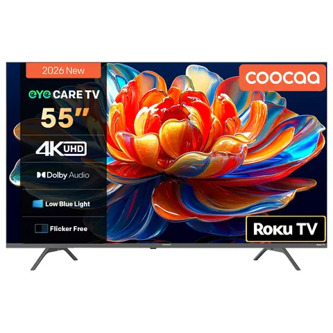 Coocaa UHD TV 55CRUG50Z, Smart Roku TV, HDR10, Dolby Audio, Video Upscaler, Eyecare Premium, Triple Tuner