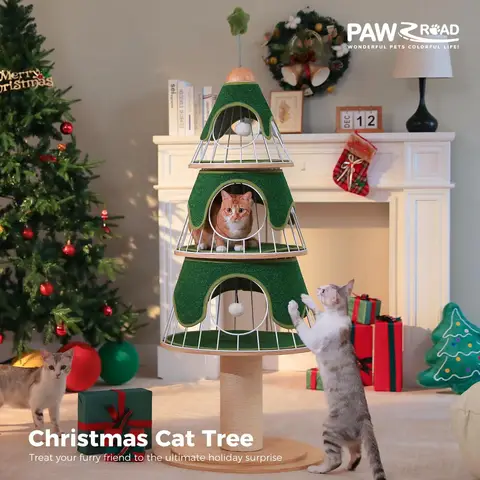 PAWZ Road Weihnachtskatzenstange, 130 cm, Katzenturm mit 14 cm sisalummanteltem Kratzpfahl und 3 großen Katzenhäusern, großer Katzenkratzpfahl für Hauskatzen, Weiß