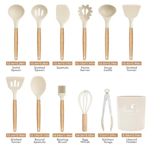 MEOKY 12 pièces de set d'ustensiles de cuisine en silicone avec petit porte-objets - Blanc