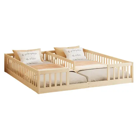 Bodenbett 90x200 cm - Kinderbett - mit Schutzgitter und Lattenrost - für 2 Kinder - aus Kiefernholz - Natur