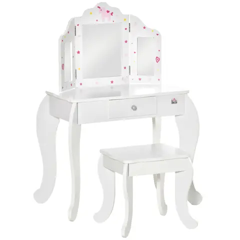 HOMCOM Kids Vanity Table and Chair Set, Girls Vanity Set with Tri-Folding Mirror and Stool, Makeup Dressing Table White