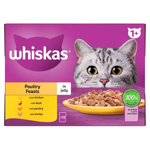 Whiskas 1+ Poultry Feasts Adult Wet Cat Food Pouches in Jelly 12 x 85g