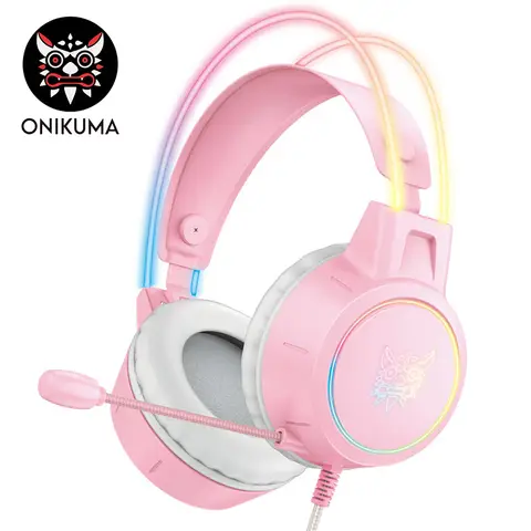 ONIKUMA X15PRO-Pink bedrade gamingkoptelefoon met RGB-verlichting, voor op het hoofd
