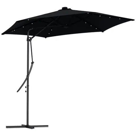 Outsunny 3(m) Cantilever Parasol with Solar LED and Easy Lever, Garden Parasol Umbrella with Cross Base and Waterproof Cover,