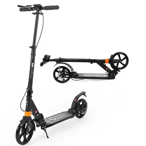 Scooter with 200mm PU Wheels, Adjustable Height, Max Weight Capacity 100kg, Suitable for Ages 10 and Above, for All Ages and Use, Black