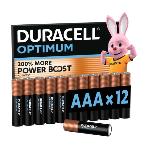 DURACELL Optimum Piles AAA (Lot de 12) – Piles Alcalines 1,5V – +200 % d’actifs Power Boost* – Répondent aux exigences des appareils modernes – 100 % Recyclables, 0 % de plastique dans l’emballage – LR03 MX2400