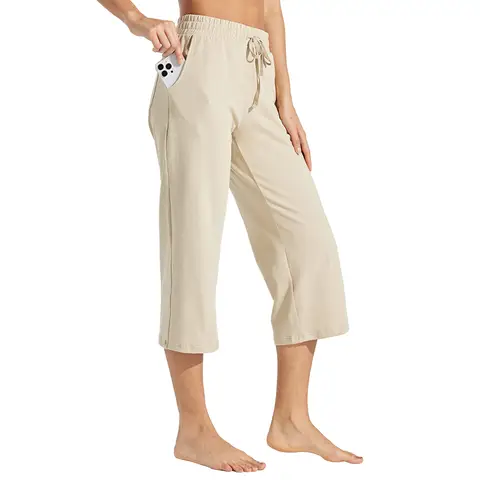 Willit Women's Cotton Yoga Capri Casual Lounge Pants Wide Leg Workout Sweatpants with Pockets 20" Khaki XL