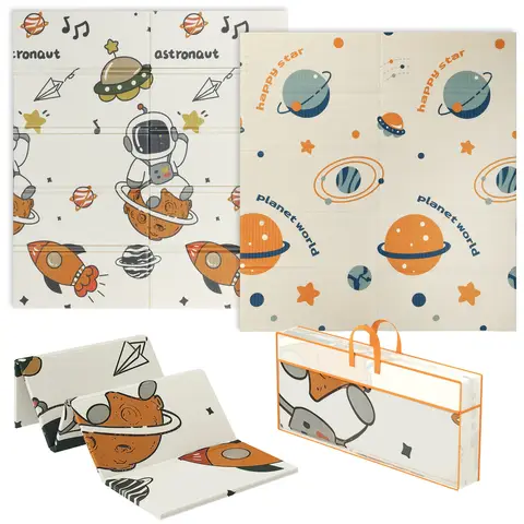 AIYAPLAY Baby Play Mat Double Sided, Foldable & Reversible Activity Playmat, Waterproof Kids Foam Crawling Mat for Outdoor Indoor Playtime Picnics, 177 x 146 x 1.5cm, Astronaut & Planet Theme